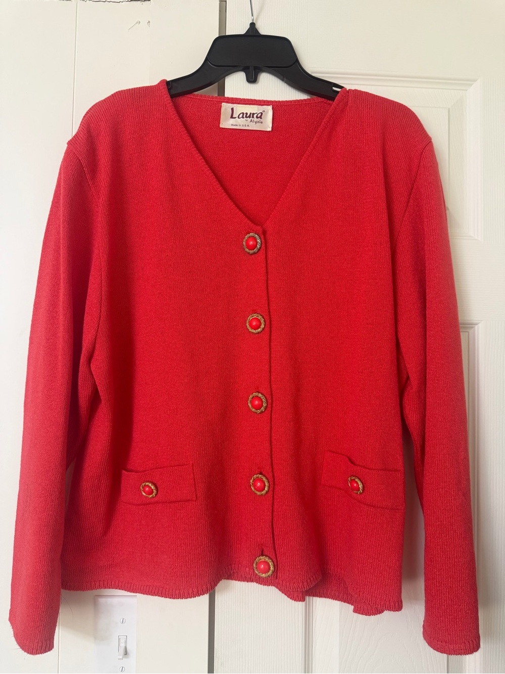 Laura by Alysia Red V-Neck Button Cardigan Sweater vintage sweater made in USA
